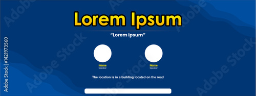 Blue Event Banner with Wavy Background and Speaker Placeholders. Features two speaker placeholders and event details layout. Ideal for webinars, seminars, conferences, and talk shows.