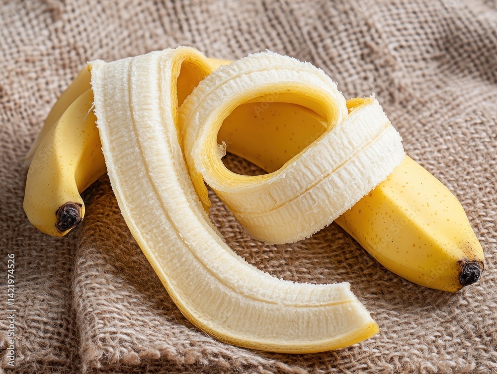 Peeled Banana on Burlap: A Close-Up Study of Texture and Form