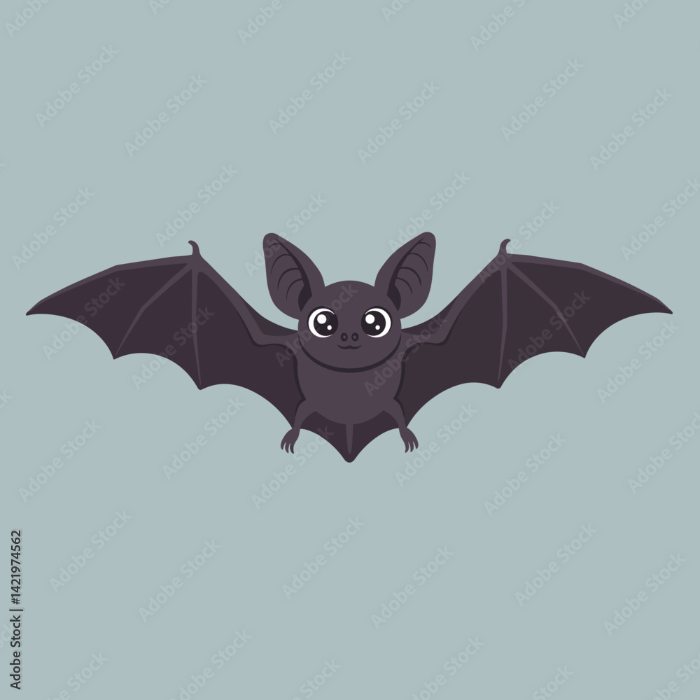 Fototapeta premium Cute cartoon bat with spread wings flying vector illustration on blue background 