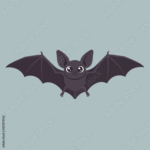 Cute cartoon bat with spread wings flying vector illustration on blue background 