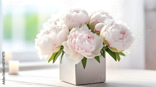 Fototapeta Naklejka Na Ścianę i Meble -  A bouquet of pink and white peonies in a white vase on a wooden table with a blurred window in the background.
