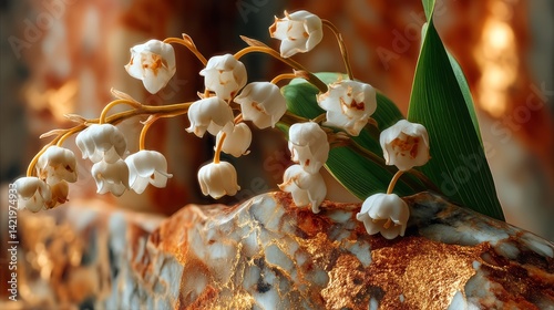 Delicate White Flowers on Marble Background with Golden Accents in the Valley