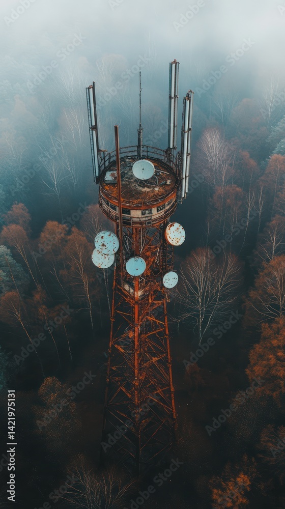 Rusty Telecommunication Tower in Misty Forest