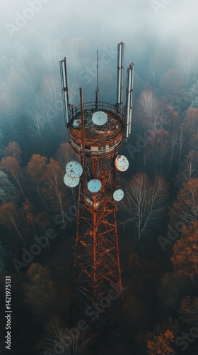 Obraz na płótnie Rusty Telecommunication Tower in Misty Forest w salonie