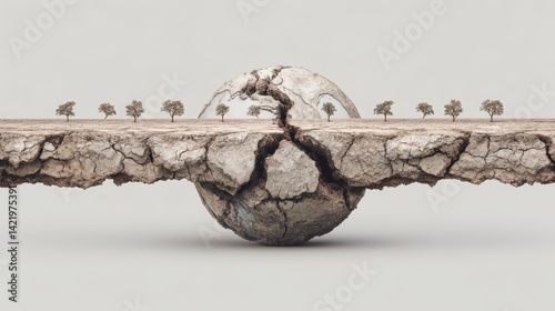 Cracked Earth Landscape with Trees and a Sphere Representing Environmental Change