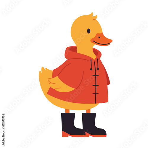 Duck wearing red raincoat and black boots vector illustration of cute animal character in clothing 