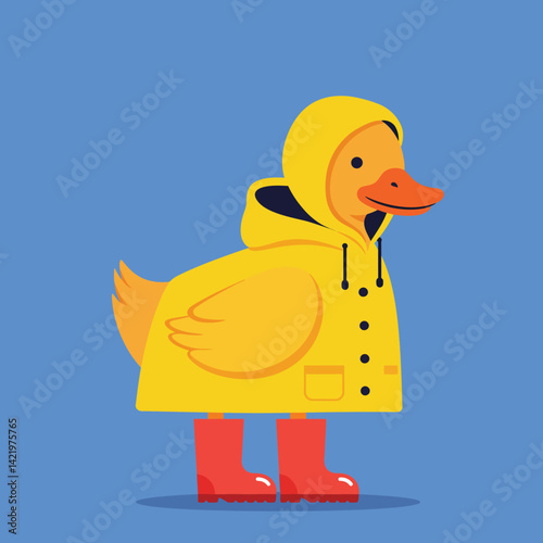 Cute duckling wearing yellow raincoat and red boots in blue background vector illustration 