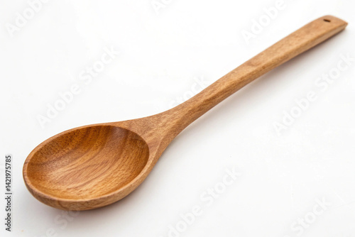A simple, light-colored wooden spoon with a smooth, curved bowl and straight handle, presented against a stark white background, a common kitchen tool.