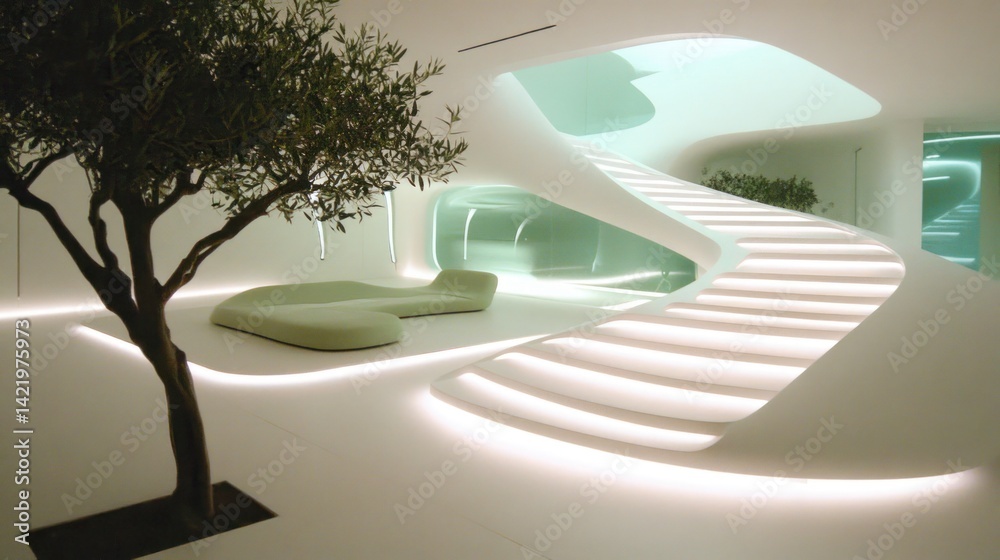 Futuristic Interior Design: A Serene White Oasis with a Curving Staircase