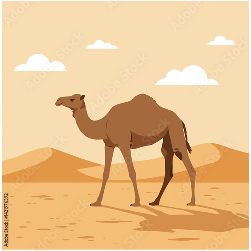 Camel walking in desert landscape with sandy hills and scattered clouds vector illustration 