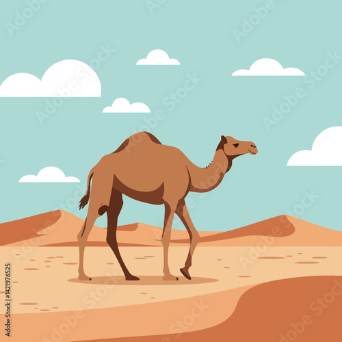 Camel walking in desert landscape with sandy dunes and blue sky vector illustration 