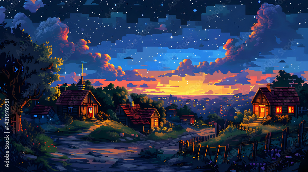 Obraz premium Pixel Art Village Sunset Landscape with Starry Night Sky