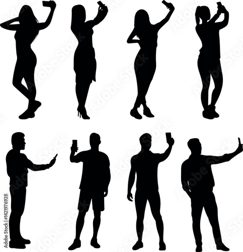 Silhouette of People Taking Selfies with Their Smartphones. Vector Illustration