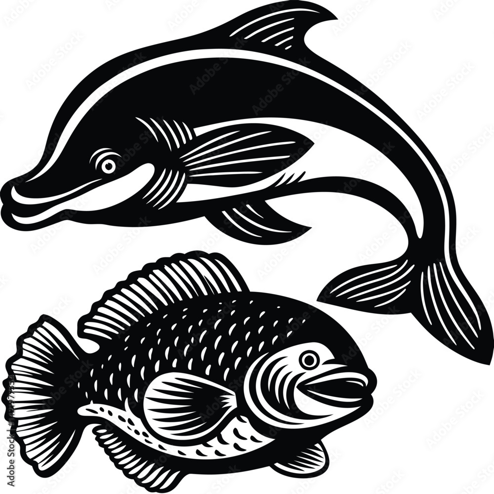 Naklejka premium Black and White Fish and Dolphin Illustrations, Stylized Fish and Dolphin Tattoo Art, Hand-Drawn Dolphin and Fish Designs in Black and White.