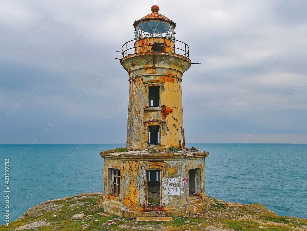 Solitary Rusty Lighthouse by the Sea: A Testament to Time's Passage