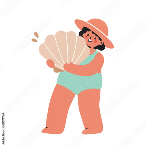 Woman in sunhat holding large seashell summer beach illustration in pastel colors vector art 