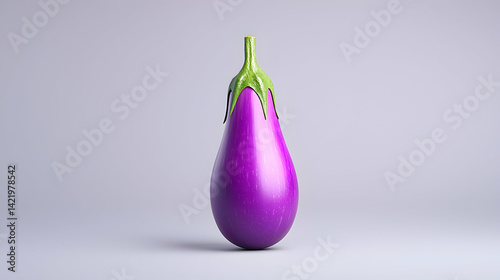 3D Render of a Purple Eggplant with Green Stem on Grey Background