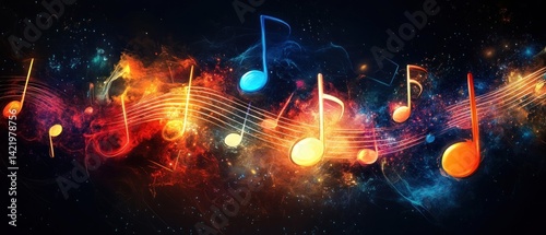 Fiery Musical Symphony: A vibrant abstract artwork depicting musical notes engulfed in flames and cosmic dust, symbolizing the passion and energy of music.
