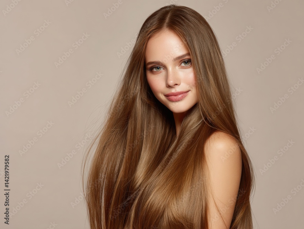 Naklejka premium Radiant woman with long, flowing hair, showcasing healthy beauty and natural elegance. Ideal for hair care ads, beauty blogs, and cosmetic promotions.