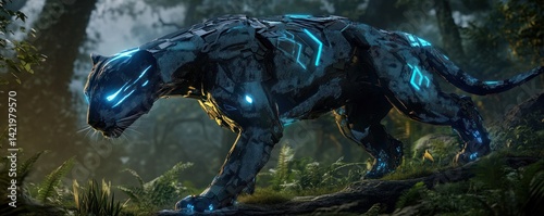 Obraz na płótnie Cybernetic Panther Prowling in the Digital Jungle w salonie