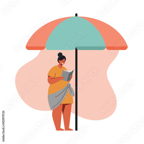 Woman reading book under large turquoise and coral beach umbrella vector illustration summer leisure activity 