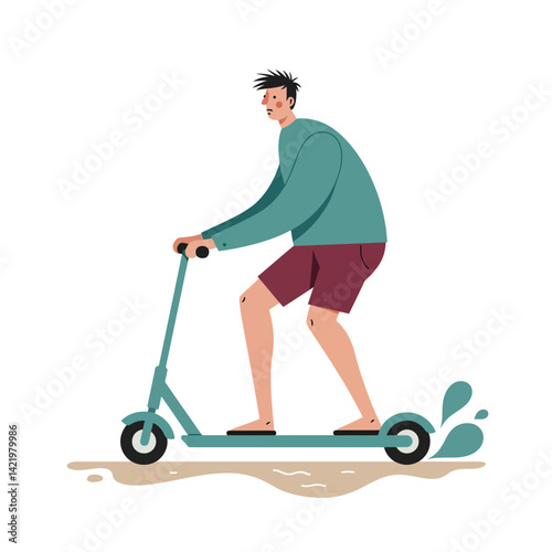 Young man riding electric scooter on wet surface splash vector illustration in casual wear