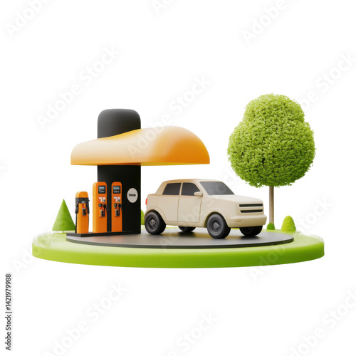 Car fueling action at modern gas station urban setting 3d model. Isolated on transparent background, png.
