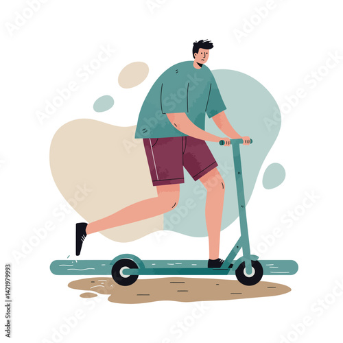 Young man riding electric scooter outdoor casual lifestyle activity urban transport illustration 