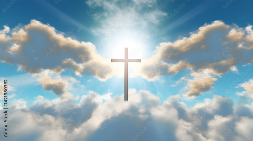 A cross symbol in the sky with clouds and sunlight A cross symbol in the sky with clouds and sunlight
