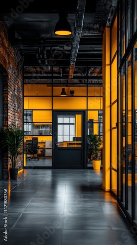 Industrial Chic Office Corridor:  A Modern Workspace with Yellow Accents and Dark Metal Frames