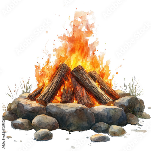 Cozy Campfire Illustration: A vivid watercolor illustration of a crackling campfire, with glowing orange flames leaping from burning wooden logs surrounded by stones.
