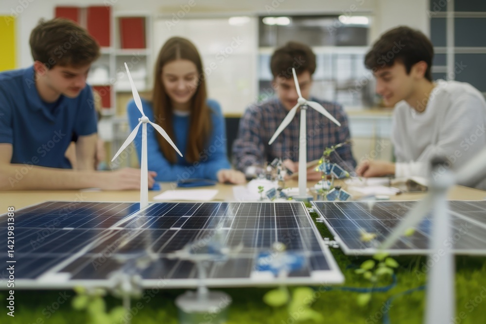 Students collaborate on renewable energy project using solar panels and wind turbines