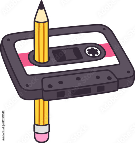 Cartoon retro cassette tape with a pencil, rewinding a record the old school way. Vector clip art illustration.