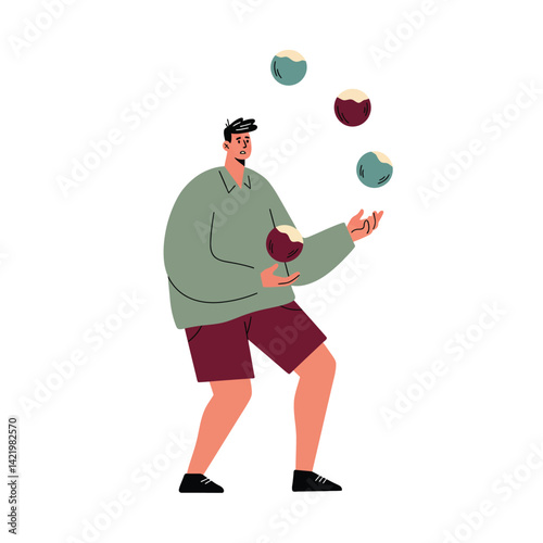 Man juggling four balls in casual outfit with green and maroon colors vector illustration 