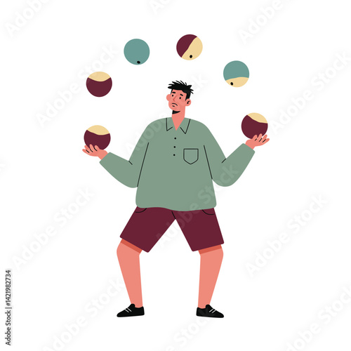 Man juggling multiple balls in casual outfit performing skillful balancing act vector illustration 