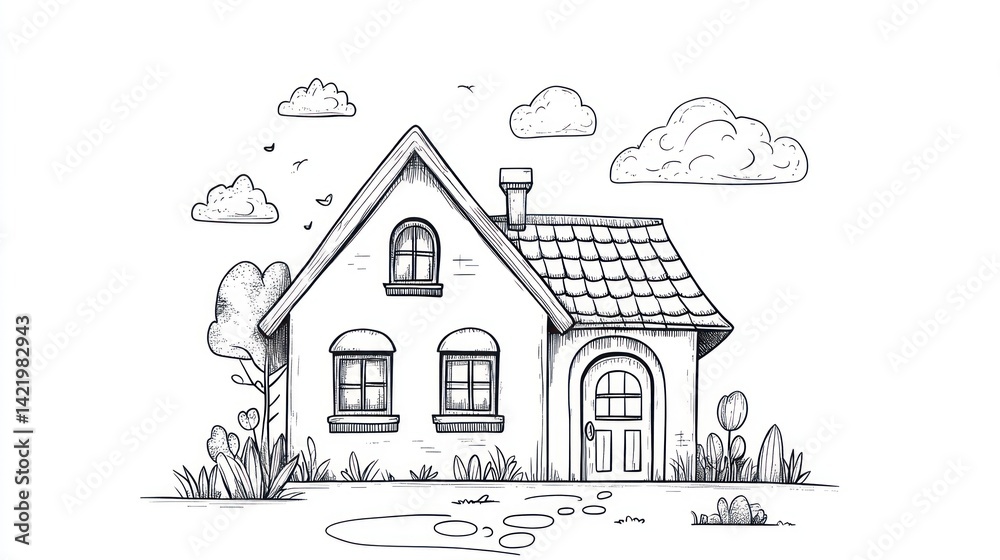 Fototapeta premium Simple Drawing of a Cottage with Garden