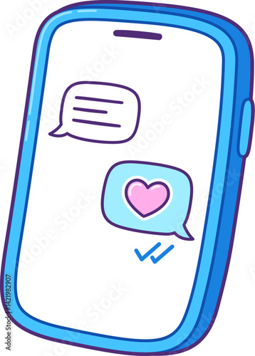Left on Read. Smartphone text messaging chat, love confession delivered checkmarks with no reply. Cute cartoon illustration, simple hand drawn doodle.