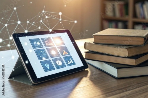 Innovative learning management system dashboard UI on glowing tablet Tablet on desk displaying icons, surrounded by stacked books and a warm, inviting atmosphere.