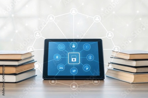 Innovative learning management system dashboard UI on glowing tablet Digital tablet displaying icons above books, symbolizing knowledge and technology integration.