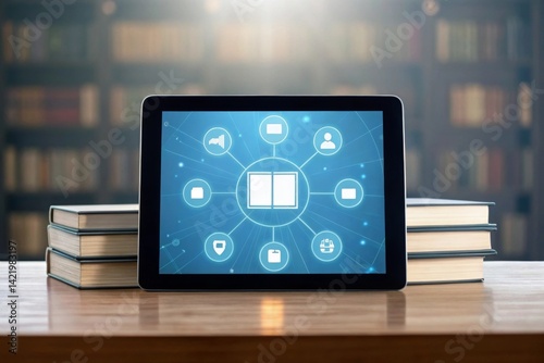 Innovative learning management system dashboard UI on glowing tablet Digital tablet displaying connected icons on a desk with books in a library setting.