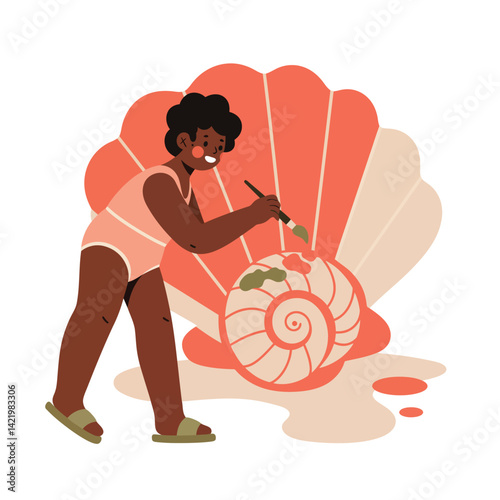 Child painting seashell art with large shell backdrop in coral and beige colors vector illustration 
