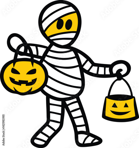  A mummy character holding a pumpkin lantern, cartoon, white background 
