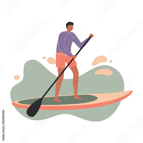 Man Paddleboarding on Stand Up Paddleboard in Casual Outfit Outdoor Water Sport Activity 