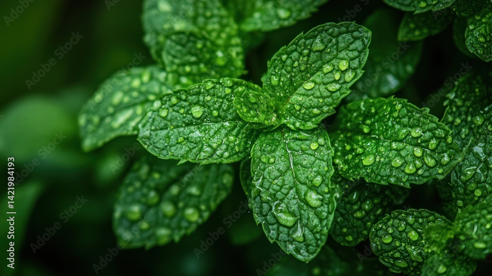 Refreshing Dew Drops on Lush Mint Leaves