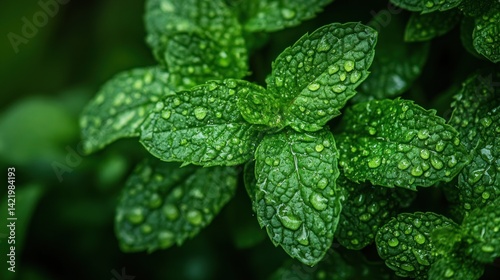 Obraz na płótnie Refreshing Dew Drops on Lush Mint Leaves w salonie