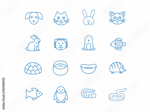 Set of Minimal Blue Line Art Icons Representing Common Pet Animals