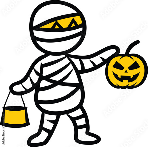  A mummy character holding a pumpkin lantern, cartoon, white background 
