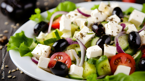 A plate of fresh Greek salad with feta cheese, cucumber, tomato, and olives on a white plate with a wooden table in the background.