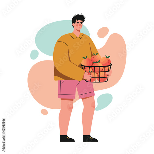 Man carrying basket of fresh apples in casual summer clothing vector illustration 