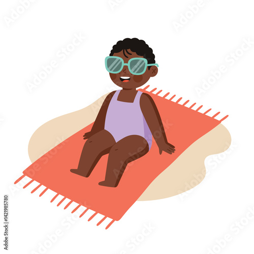 Toddler in Purple Swimsuit Wearing Sunglasses Sitting on Orange Beach Towel Vector Illustration 